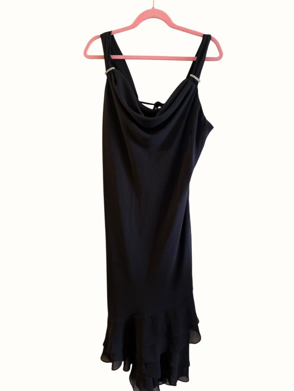 Vintage 90's Eureka Black Rhinestone Strap Cocktail Dress Ruffled Hem Size 2XL